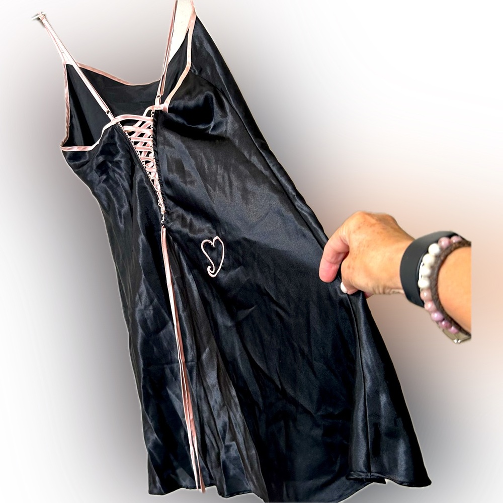 La Vie en Rose black satin coquette slip dress pink trim back lace corset Size M - Picture 2 of 7